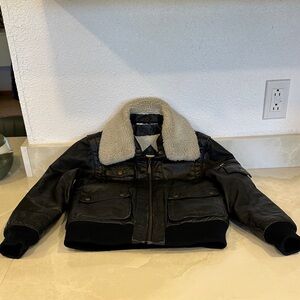 London Fog Black Genuine Leather Bomber/FlightJacket with Cream interior